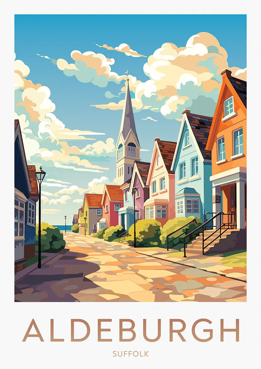 Colorful Aldeburgh street travel poster with church and coastal houses