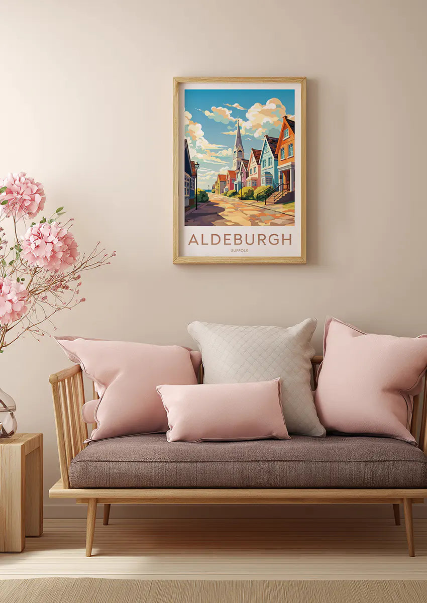 Aldeburgh Suffolk wall art featuring charming seaside village homes