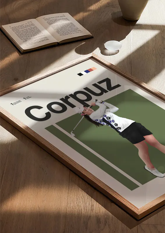 Elegant sports decor featuring Allisen Corpuz mid-swing with club