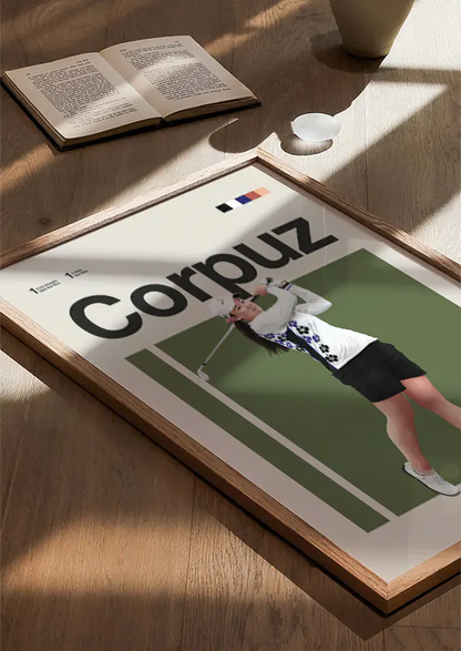 Elegant sports decor featuring Allisen Corpuz mid-swing with club