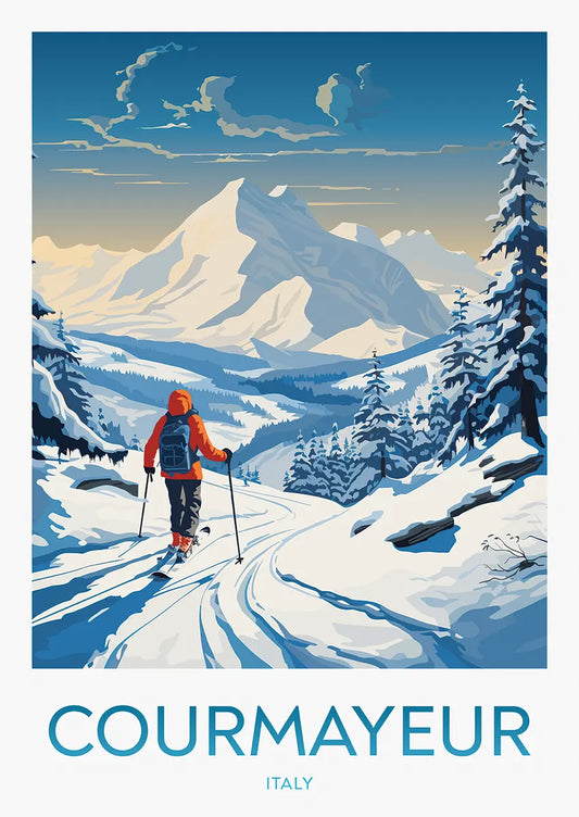Courmayeur skiing poster with alpine mountain landscape
