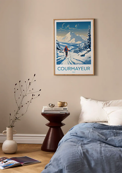 Winter travel print of skier in Courmayeur Italy under Mont Blanc