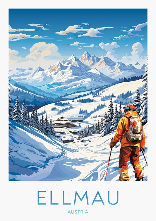 Ellmau Austria ski poster with snow-covered slopes and skier