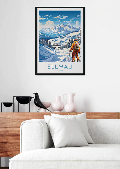 Winter Alps travel wall art featuring mountains and alpine village