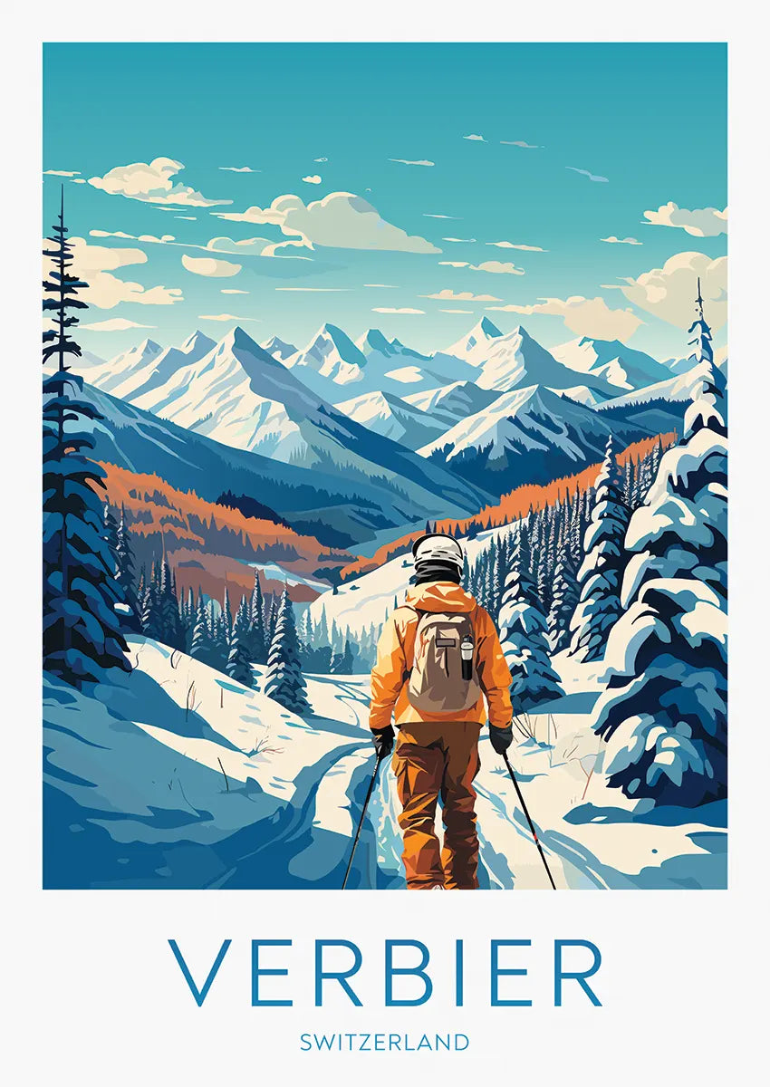 Verbier Switzerland ski print with skier and alpine view