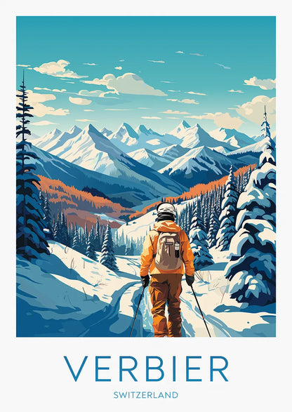 Verbier Switzerland ski print with skier and alpine view