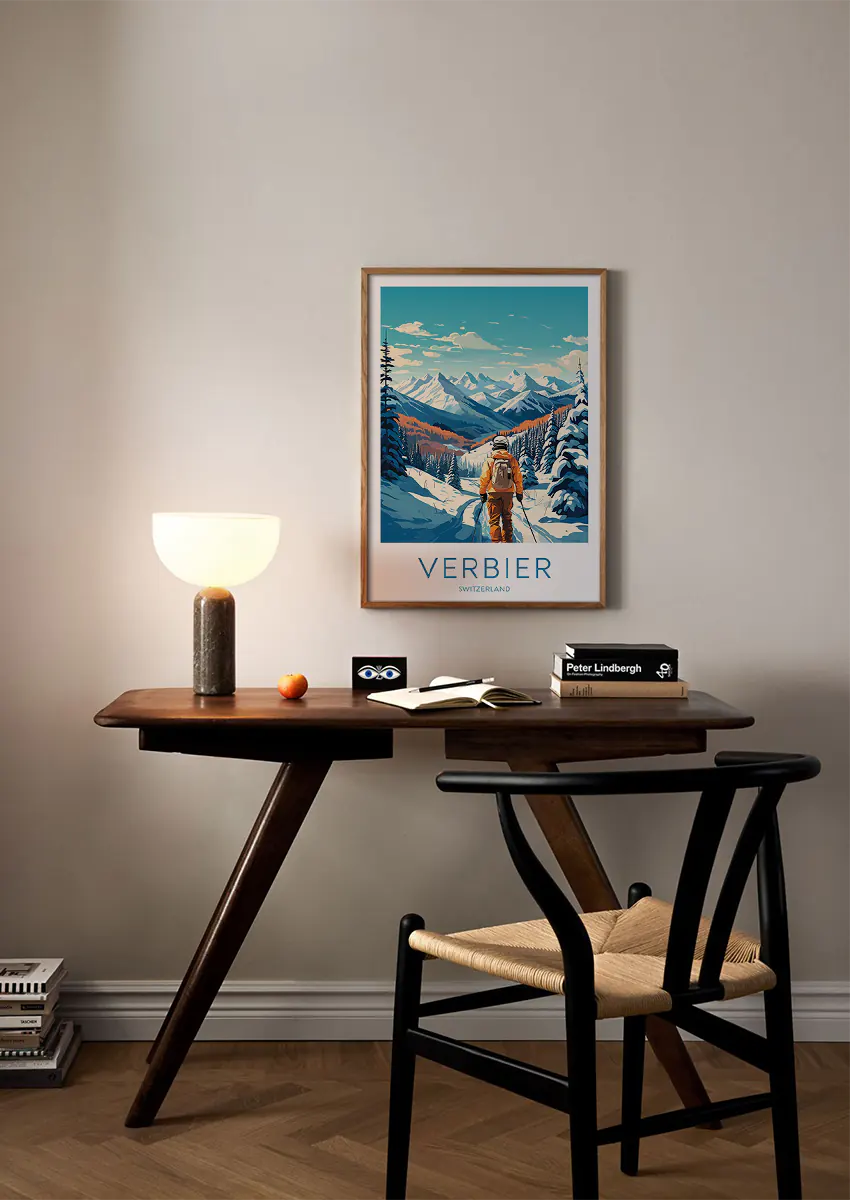 Swiss Alps winter poster for ski chalet or adventure decor