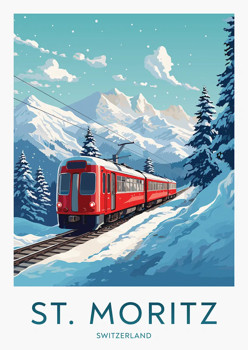 St. Moritz Switzerland travel poster with red alpine train and snowy mountains