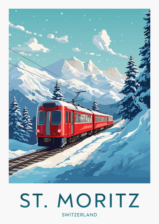 St. Moritz Switzerland travel poster with red alpine train and snowy mountains