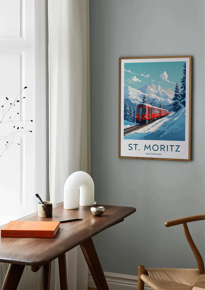 Swiss Alps winter wall art featuring scenic railway and pine trees