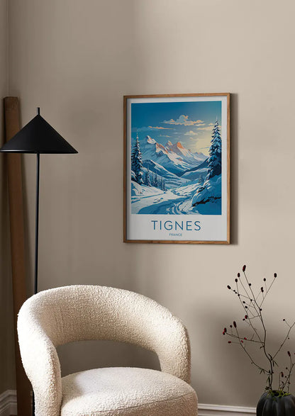 French Alps wall art with ski trails and pine trees
