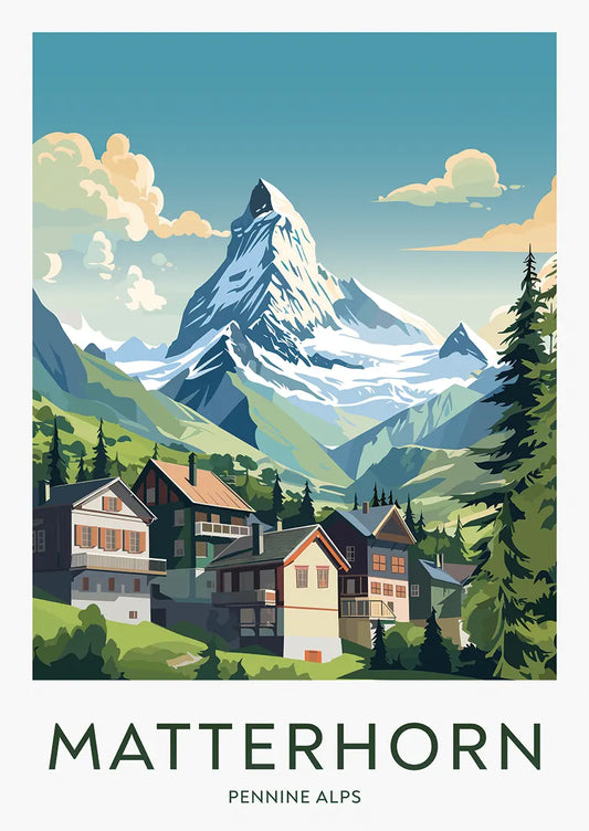 matterhorn travel poster with alpine village and snowy swiss mountain