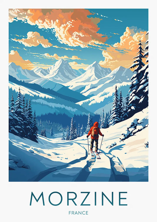 morzine france ski poster with skier in snowy alpine landscape