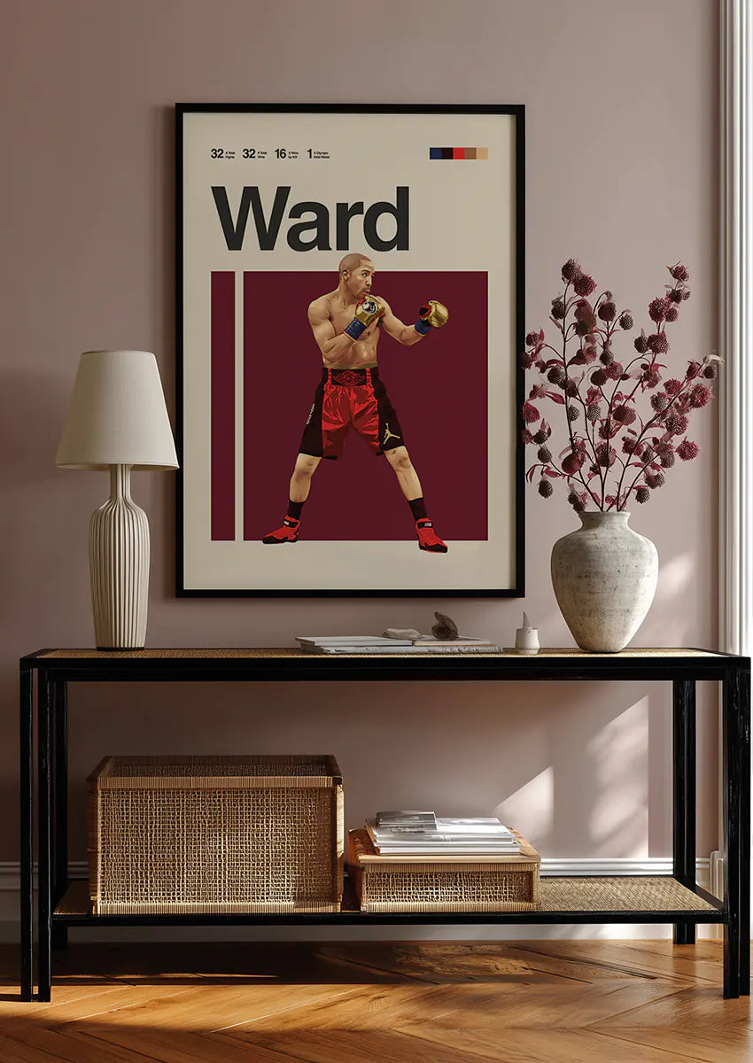 Boxing wall art of Andre Ward in golden gloves and burgundy background
