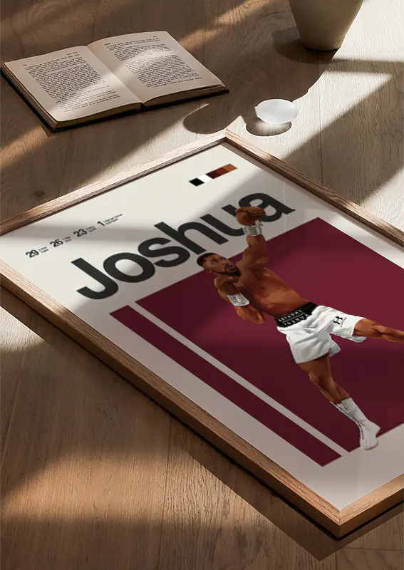 Minimalist sports print featuring Anthony Joshua against burgundy background