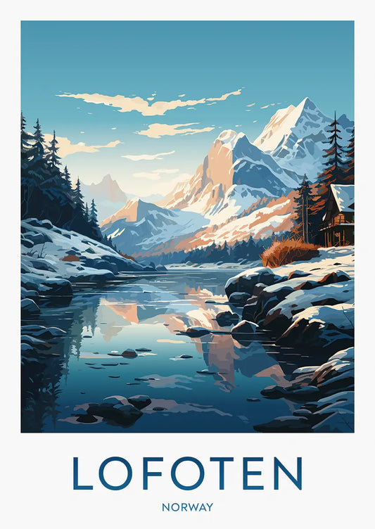 lofoten norway travel poster with snow covered mountains and cabin