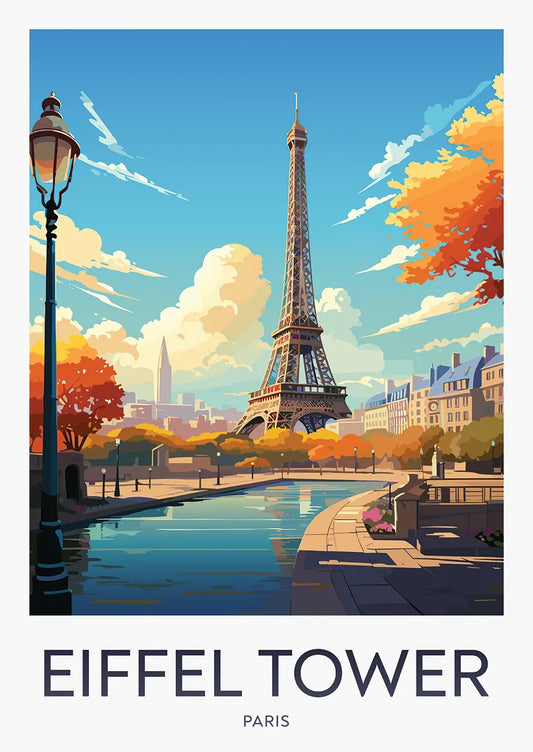 Eiffel Tower autumn poster with Paris riverwalk and leaves