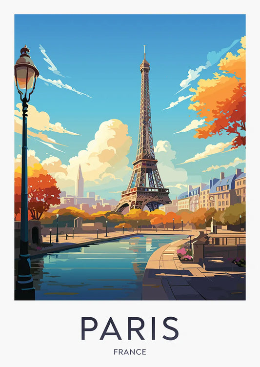 Eiffel Tower autumn poster with canal and Paris cityscape