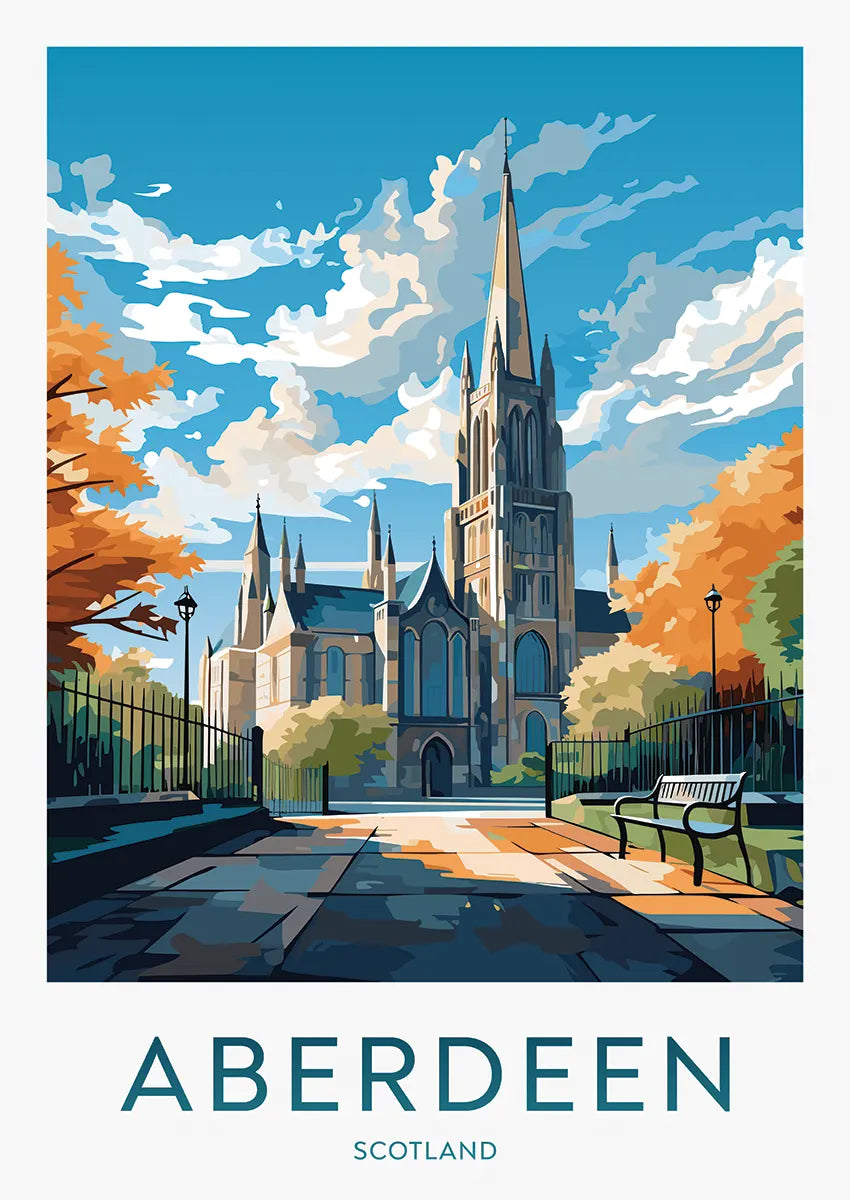 Aberdeen cathedral poster with autumn trees and benches in foreground