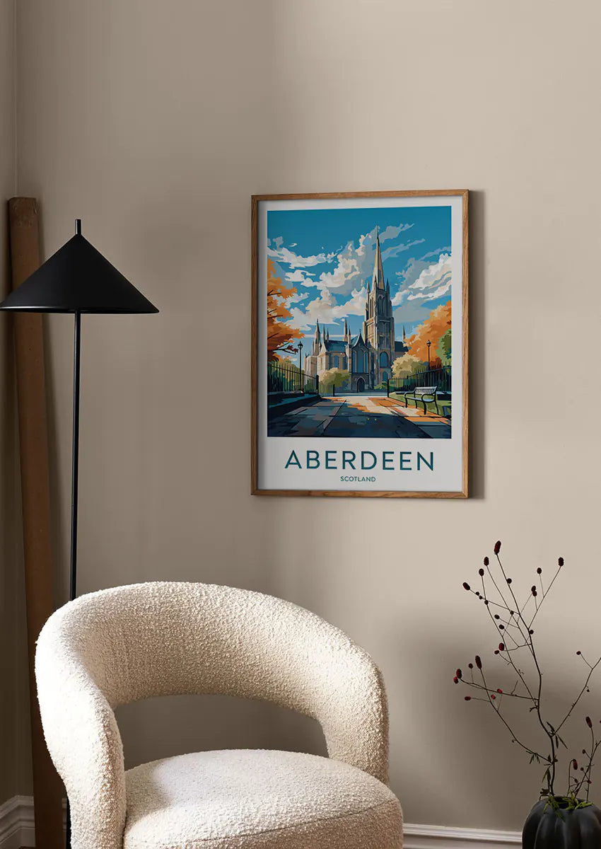 Travel poster of Aberdeen Scotland with Gothic church architecture