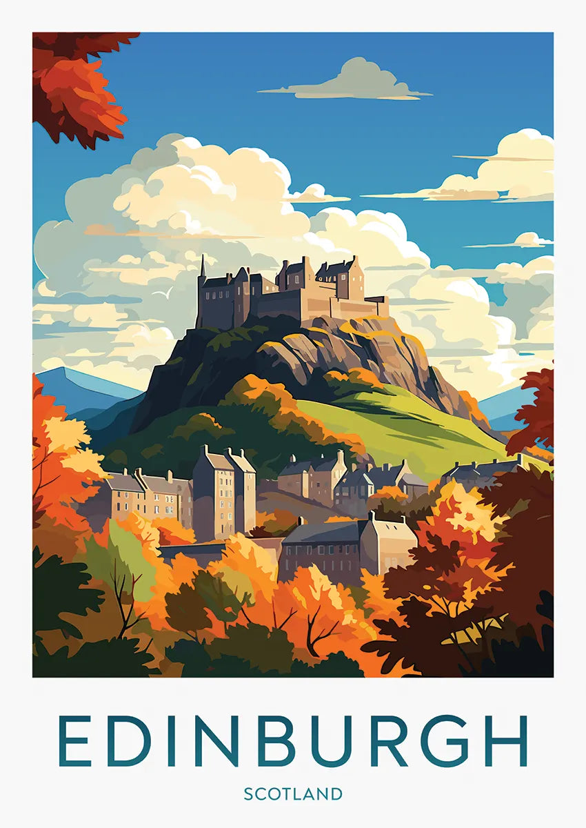 Edinburgh Castle poster with autumn leaves and city view