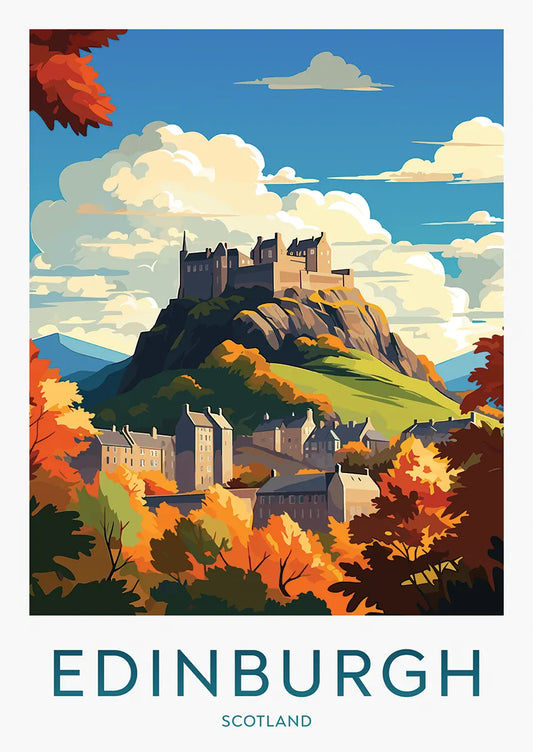 Edinburgh Castle poster with autumn leaves and city view