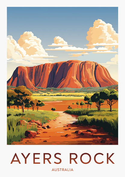 Ayers Rock travel poster with Uluru and Australian desert landscape
