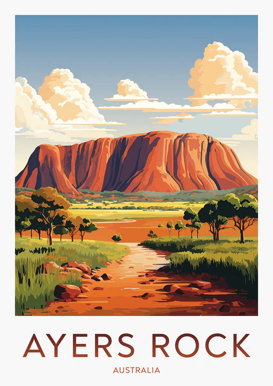 Ayers Rock travel poster with Uluru and Australian desert landscape
