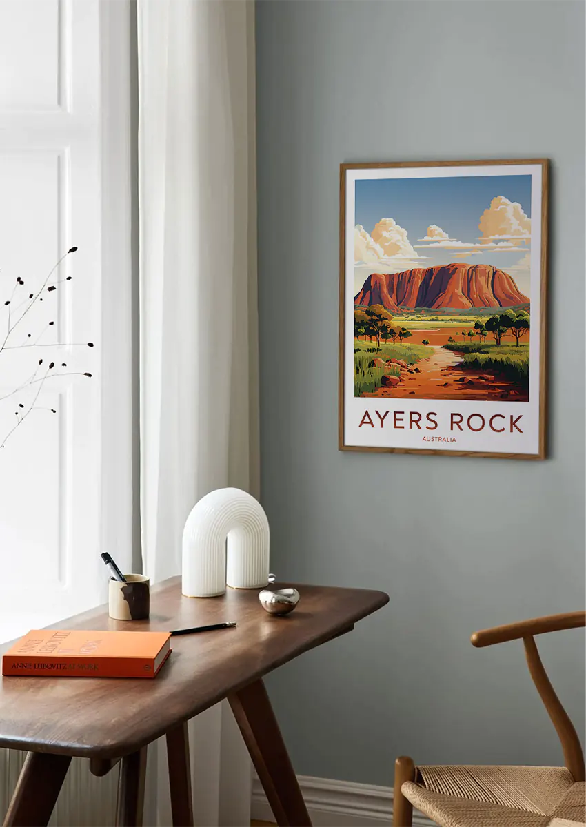 Uluru Australia wall art with red rock formation and savannah scene