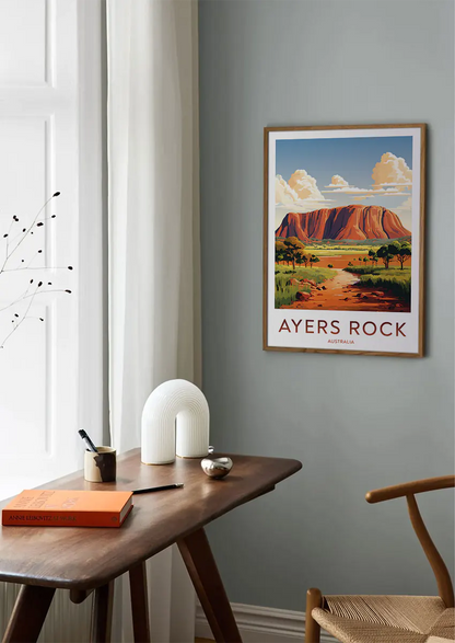 Uluru Australia wall art with red rock formation and savannah scene