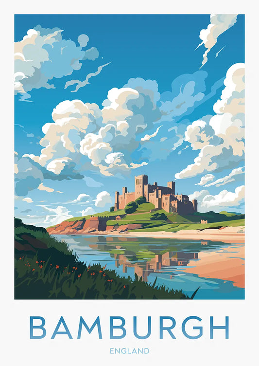 Bamburgh Castle travel poster with dramatic clouds and coastal view