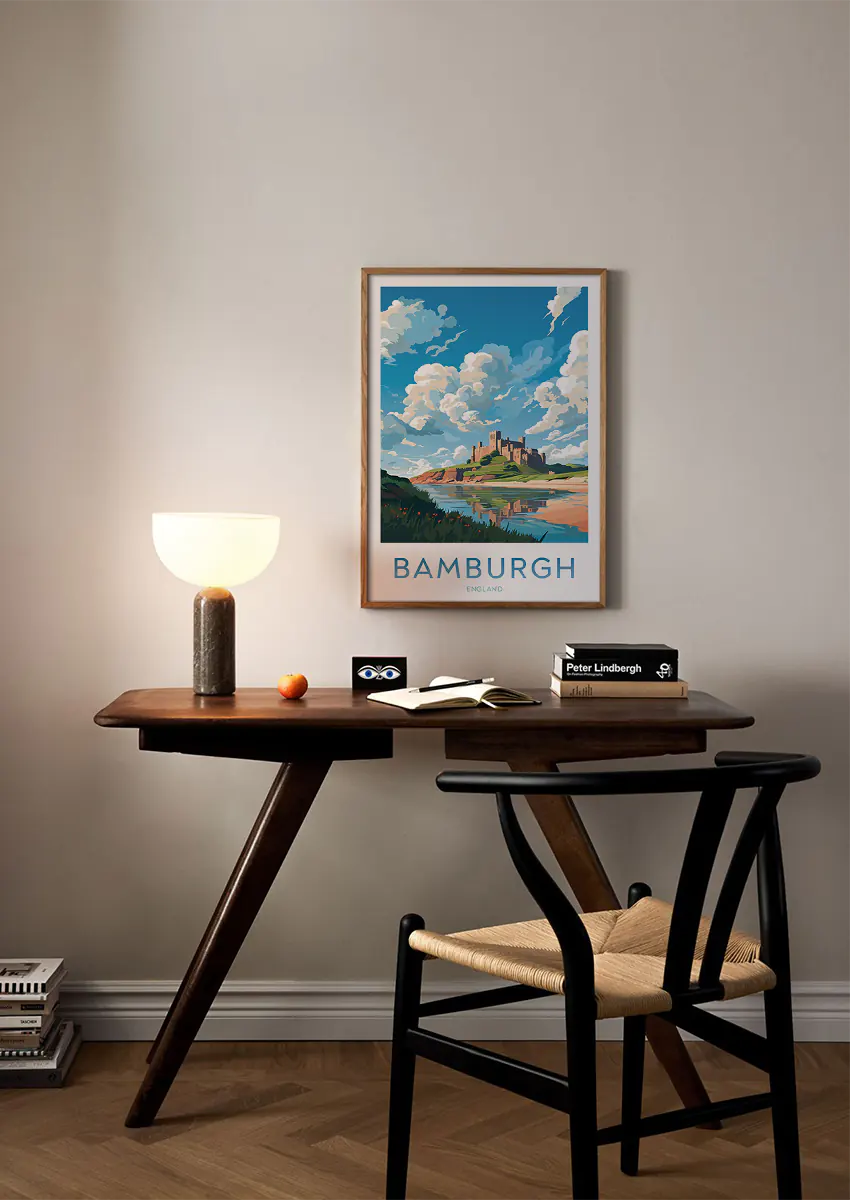 England wall art print of Bamburgh Castle reflecting in beach water
