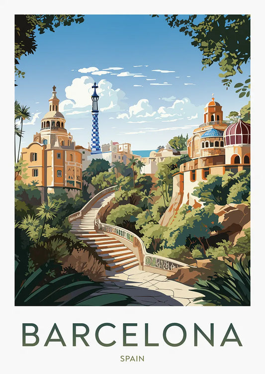 Barcelona travel poster featuring Park Güell and Gaudí architecture