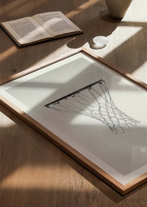 Stylish sports art print featuring basketball hoop in neutral tones
