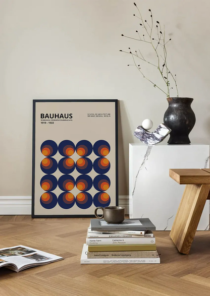 geometric bauhaus print in navy orange and yellow for modern decor