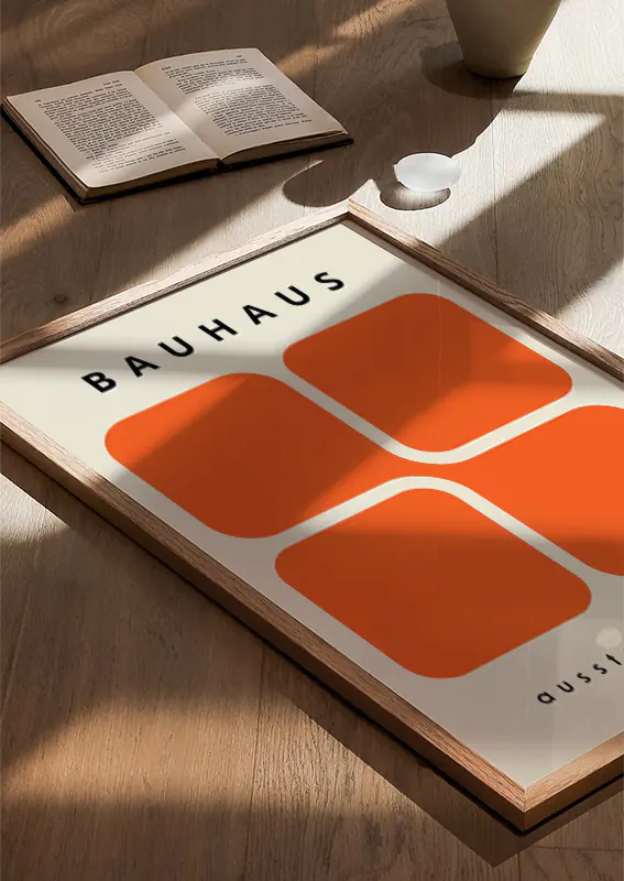 orange bauhaus art print with rounded squares and clean layout