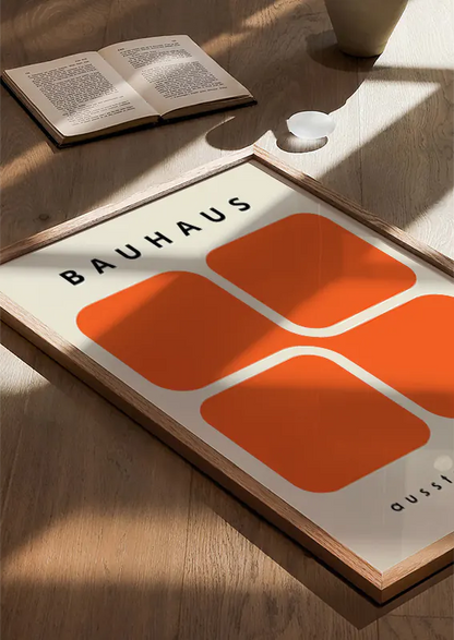 orange bauhaus art print with rounded squares and clean layout