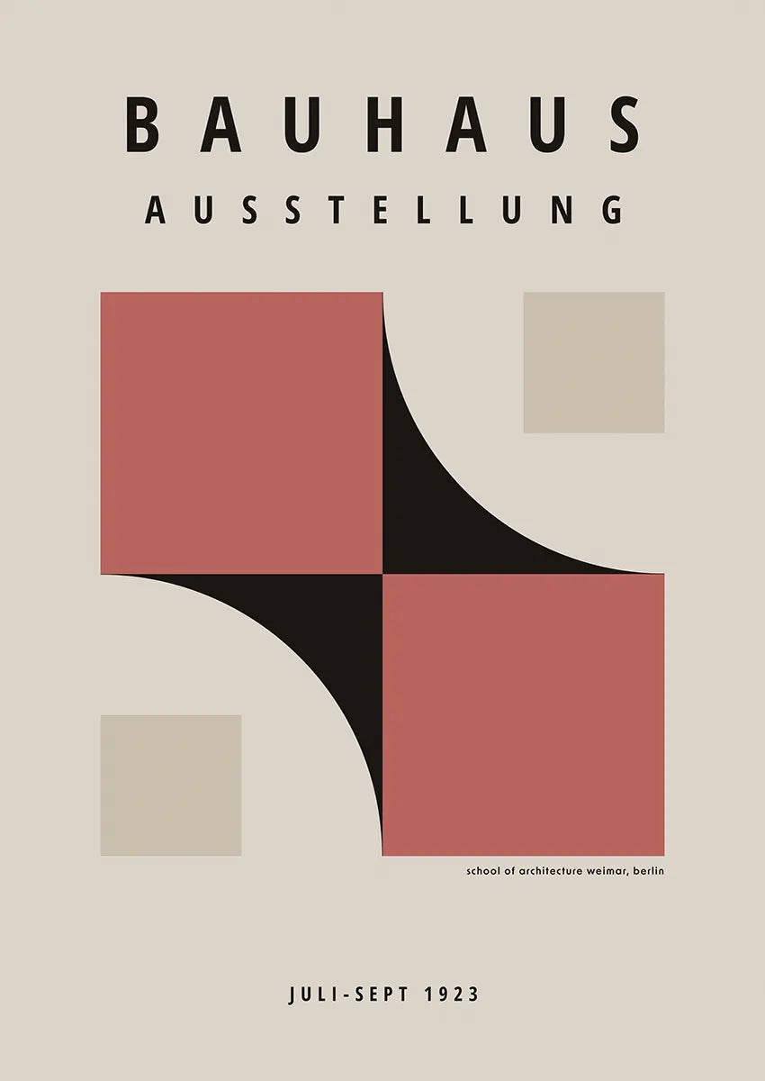 abstract bauhaus art print with curved red and black shapes
