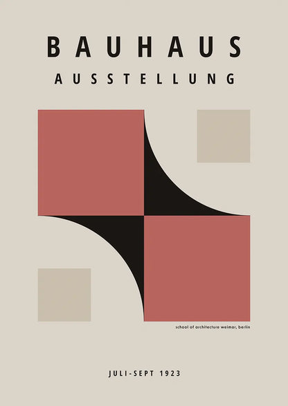 abstract bauhaus art print with curved red and black shapes