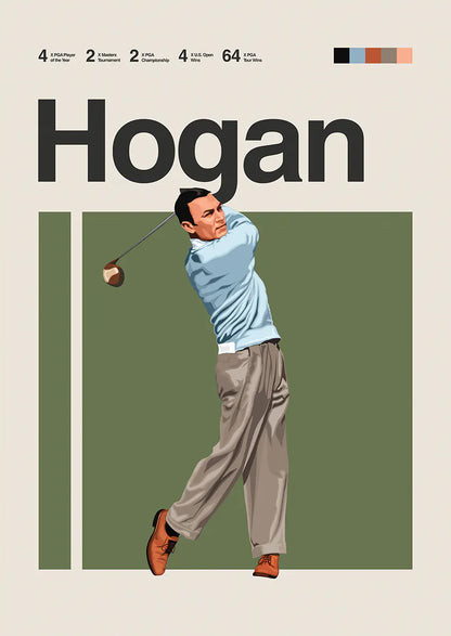 Ben Hogan poster featuring golfer mid-swing with vintage tones