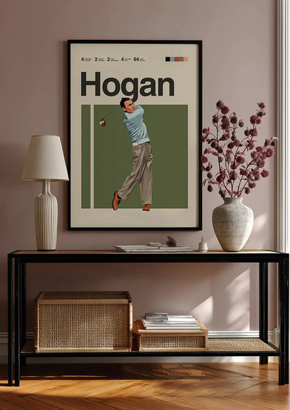 golf swing art print of Ben Hogan in light blue sweater and beige pants