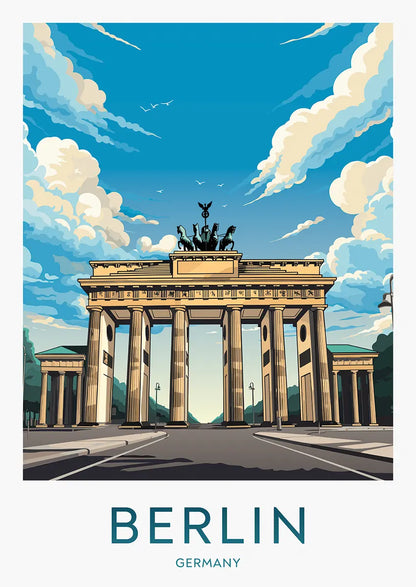 Berlin travel poster featuring Brandenburg Gate with clear blue sky