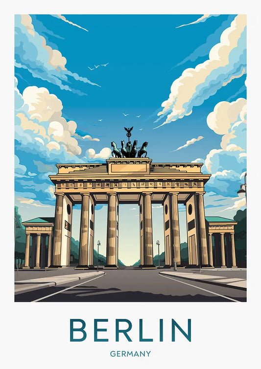 Berlin travel poster featuring Brandenburg Gate with clear blue sky