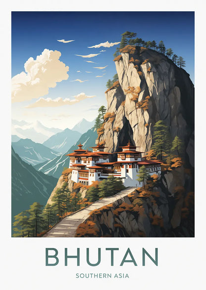 Bhutan travel poster featuring Tiger's Nest Monastery on cliffside
