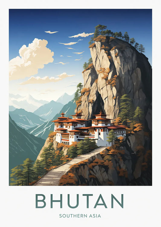 Bhutan travel poster featuring Tiger's Nest Monastery on cliffside