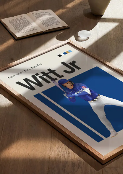 Baseball action print of Bobby Witt Jr with bold blue background