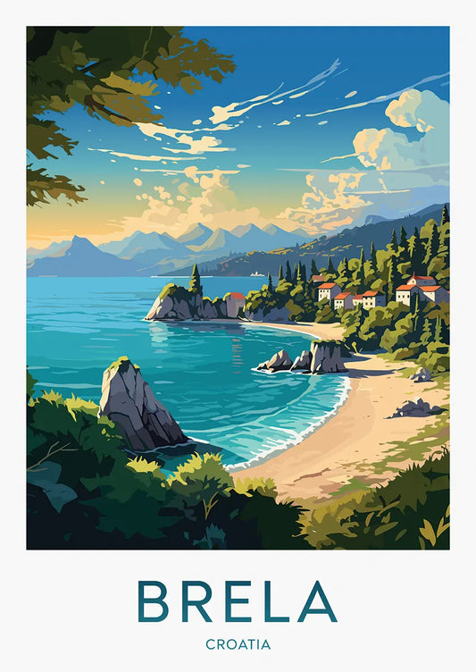 Brela Croatia travel poster with turquoise Adriatic Sea and beach coastline