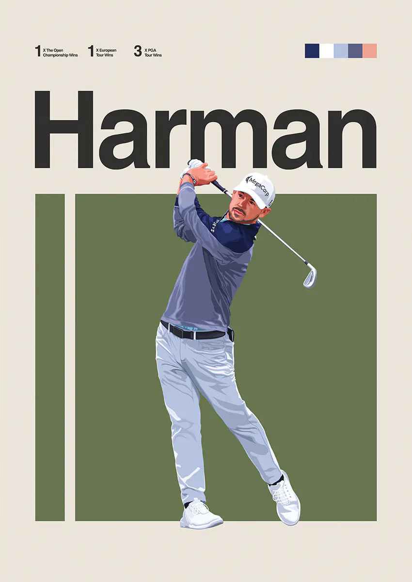 Brian Harman poster of golfer in mid-swing with navy and olive green backdrop
