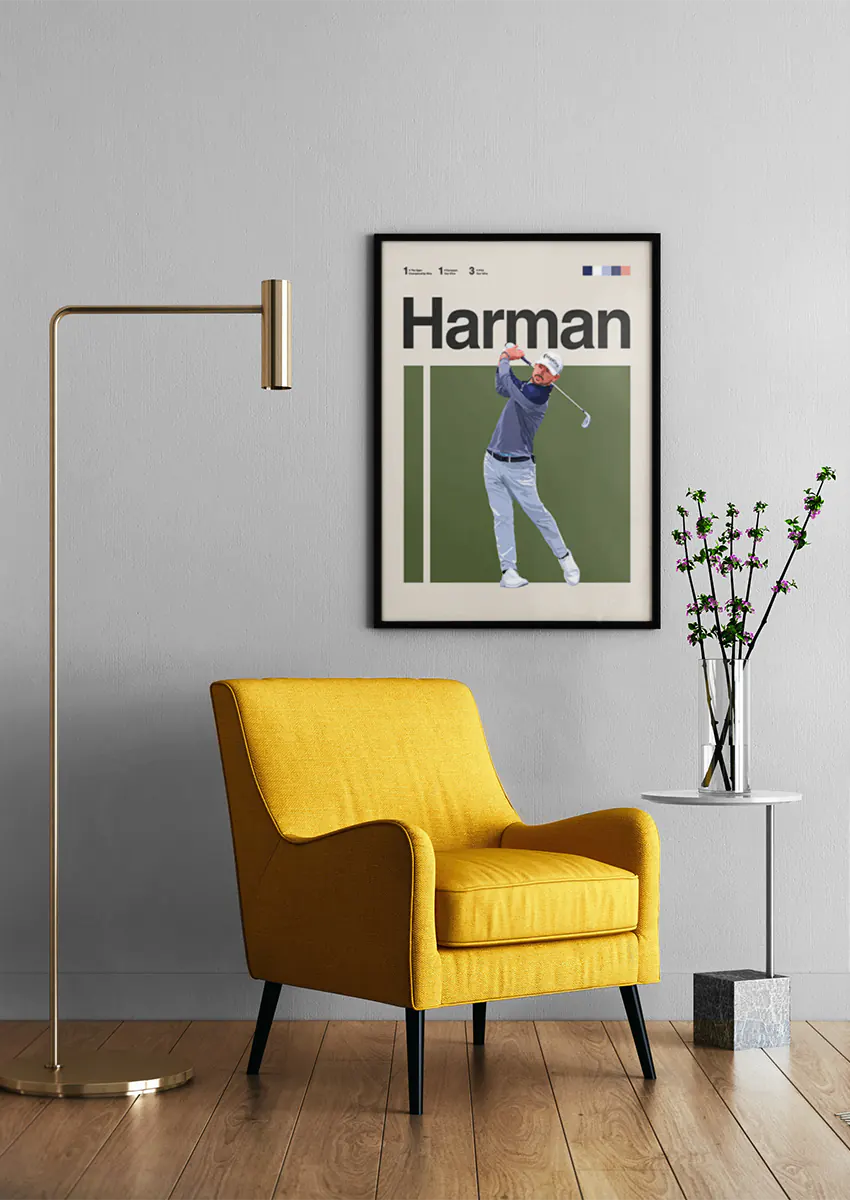 golf wall art featuring Brian Harman wearing cap and long-sleeve performance top