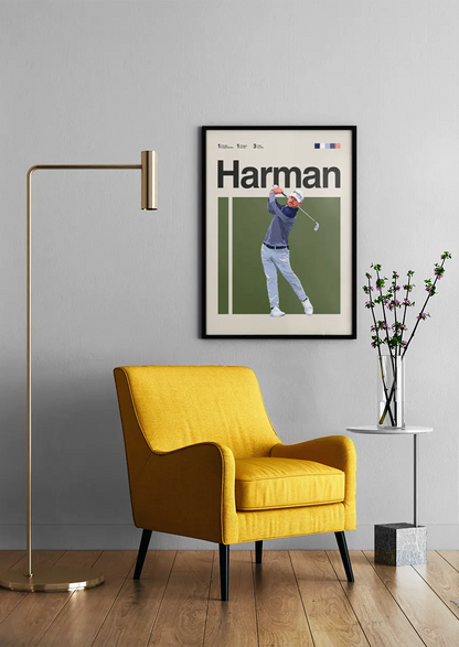 golf wall art featuring Brian Harman wearing cap and long-sleeve performance top